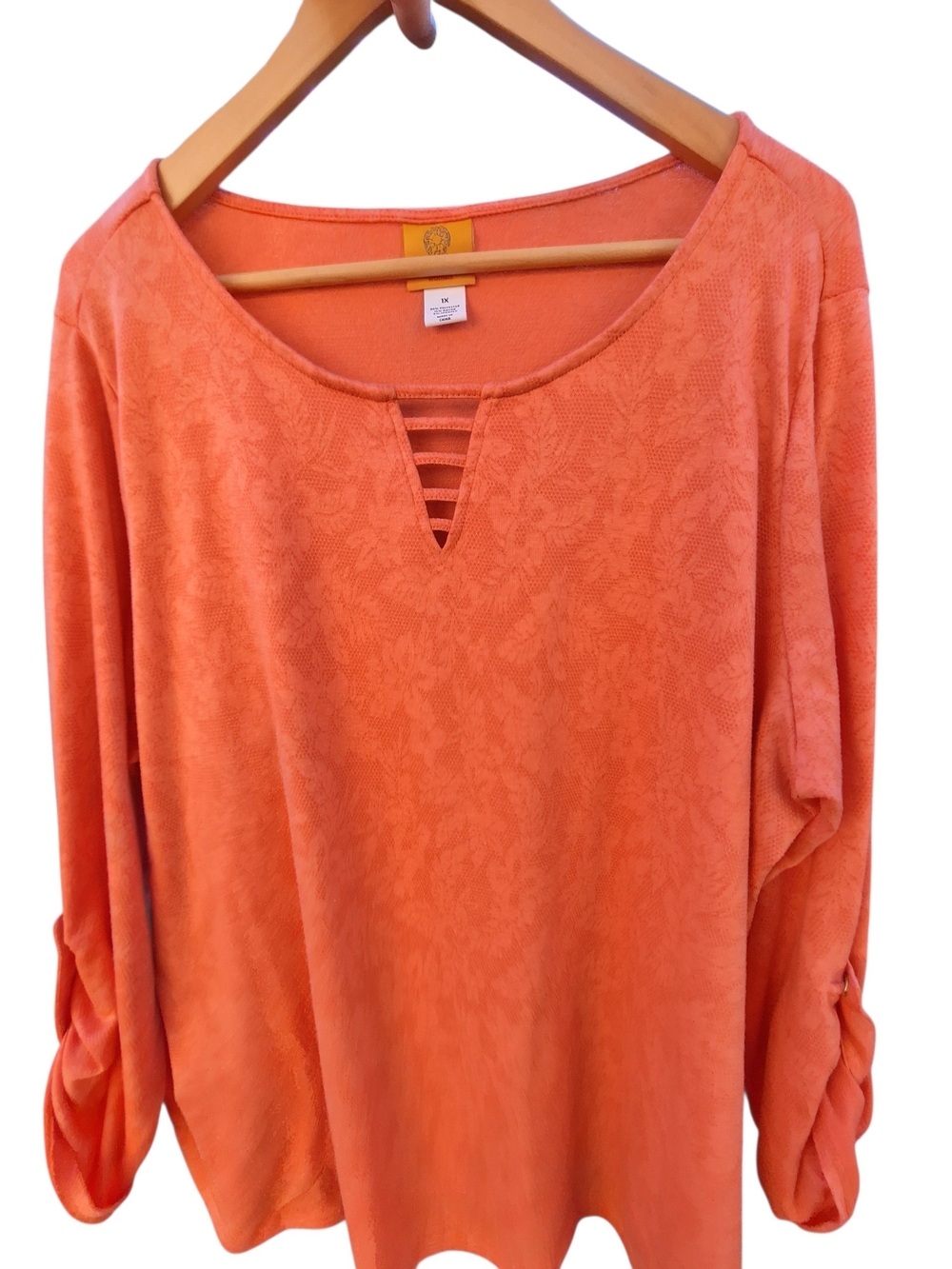 Ruby Rd Hot Pink Coral Floral Knit Top Roll Tab Sleeve Ladder Neck Plus Size 1X